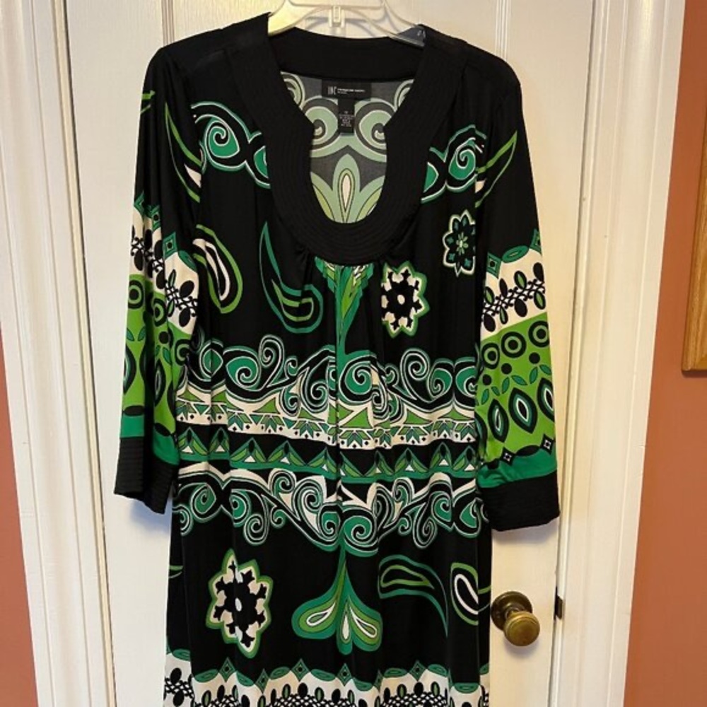 INC International Concepts Green Black Retro Dress 1X Scoop Neck 3/4 Sleeve